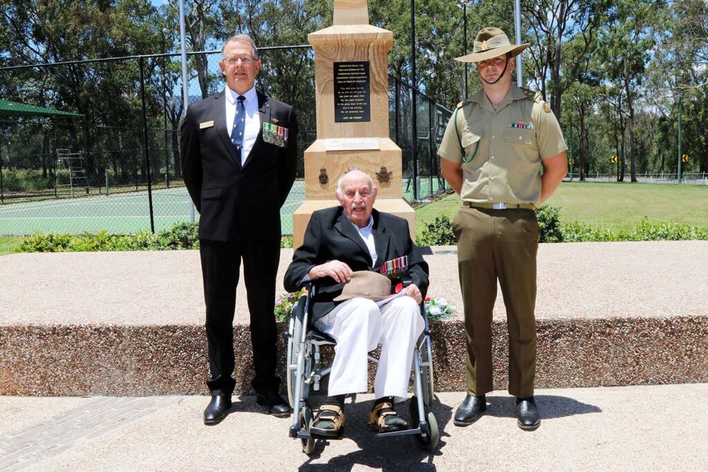 Cr Jeff McConnell & Captain Russell Burrell with 101 year old Harry Showell BEM