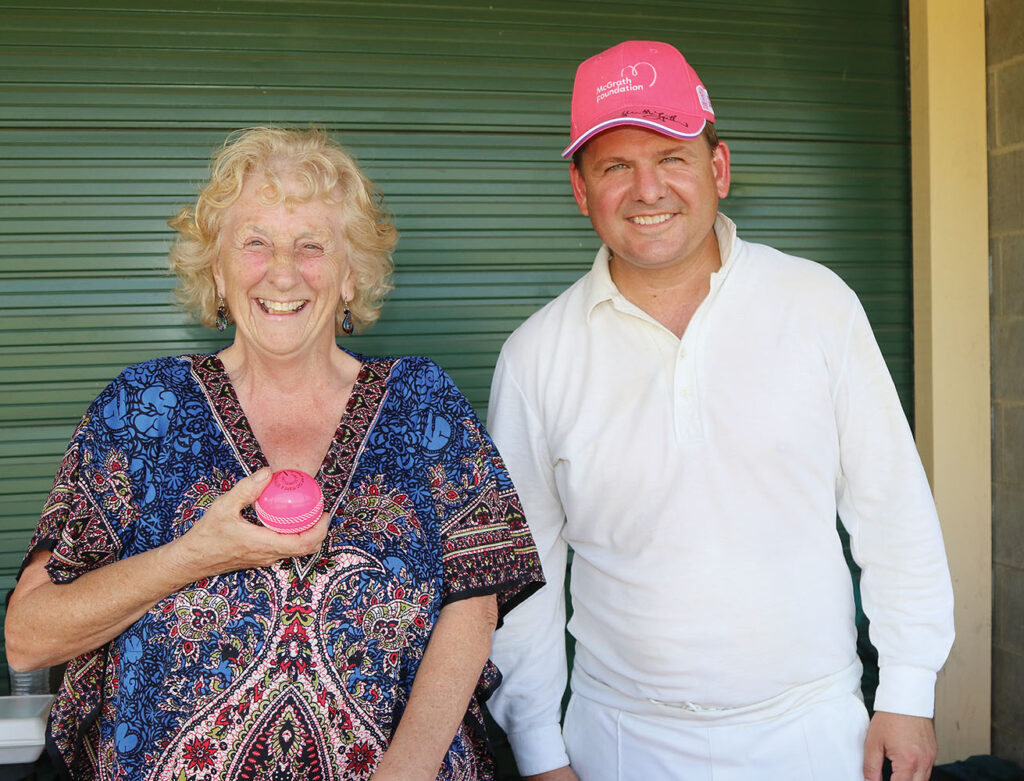 Jean Comley with Jon Krause MP supporting Pink Stumps Day