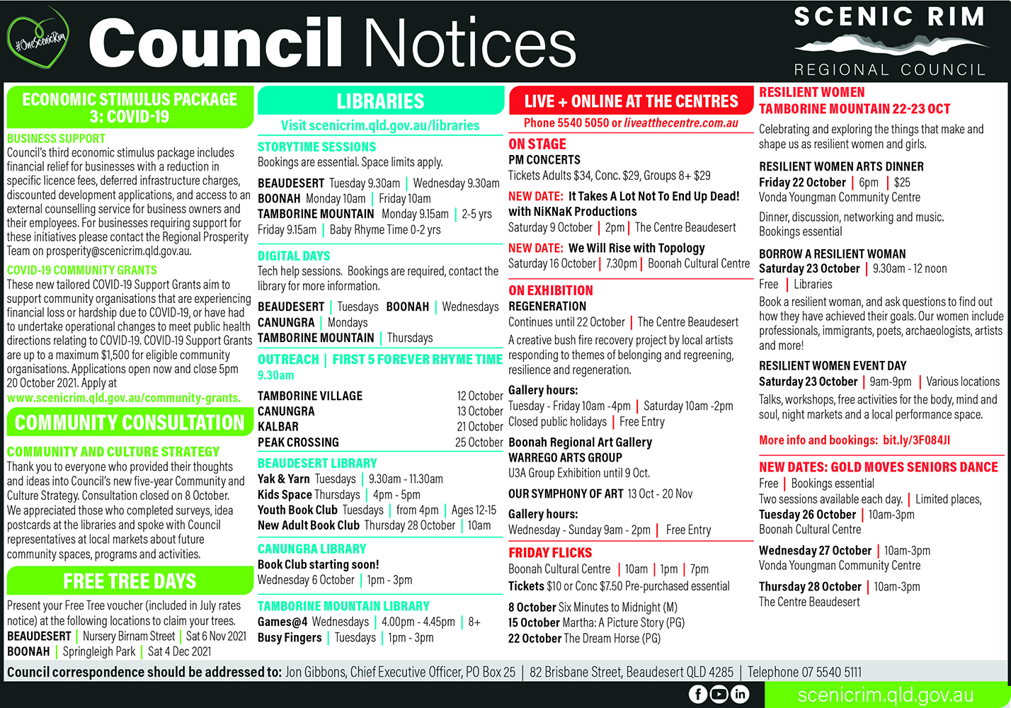 Scenic Rim Regional Council Notices - October 2021