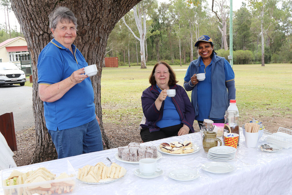 Tamborine Village Lions Margaret O’Neill, Jenny Krahnen, & Shirlene Potts enjoying a cuppa at the monthly Communi-Tea