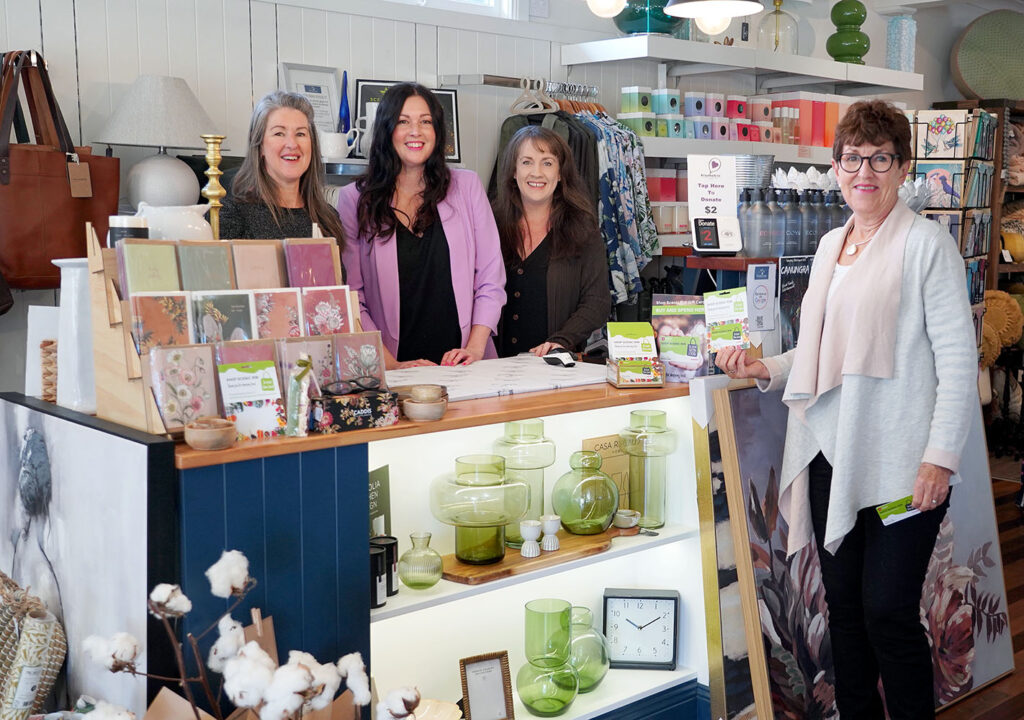 Sam Dusting from Lydia’s Garden, Danielle Stone from My Country Escape, and Bec Thomson from That Platter Company with Division 3 Cr Virginia West discussing the Shop Scenic Rim Gift Card Program 