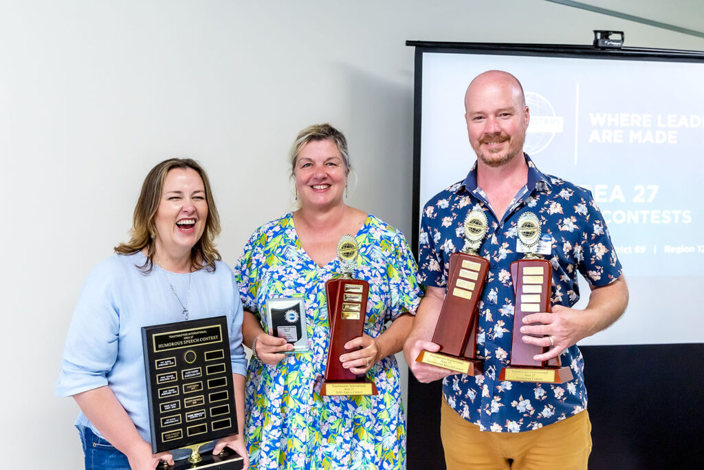 Fiona Ramsay (Jimboomba club - winner Humorous contest), Leanne Morgan (Daisy Hill club - winner Table Topics contest), and Marty Pouwelse (Jimboomba club - winner Evaluation & International contests)