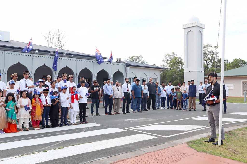 A flag raising ceremony was held to mark the start of the Australia Day celebration for the congregation at the Baitul Masroor Mosque